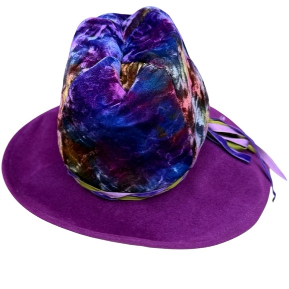 Vintage Gypsy Wizard Purple Wide Brim Hat Crushed Velvet Crown Ribbon Union Made - Picture 11 of 12